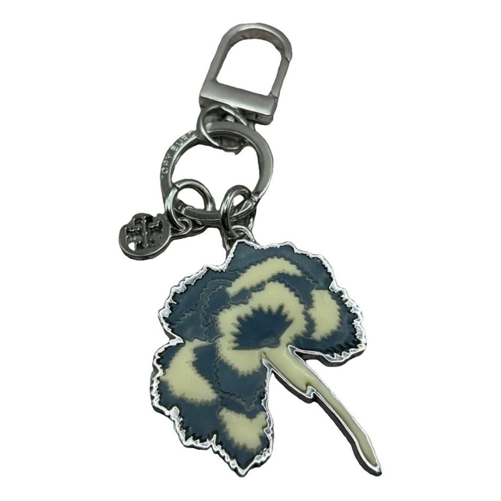 TORY BURCH Carnation Enamel Bag Charm/ Keychain Blue White Silver